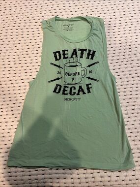 RokFit Women's Mint Green Graphic Muscle Tank - Death Before Decaf